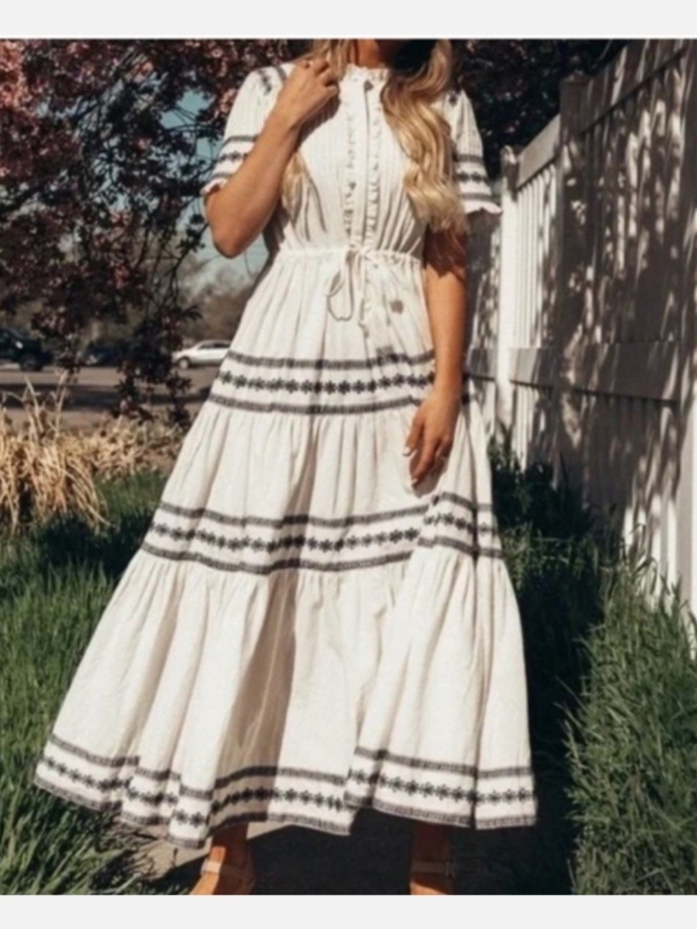 1X Ivy City Co Cream Maxi Dress with NAVY Embroidered Bands